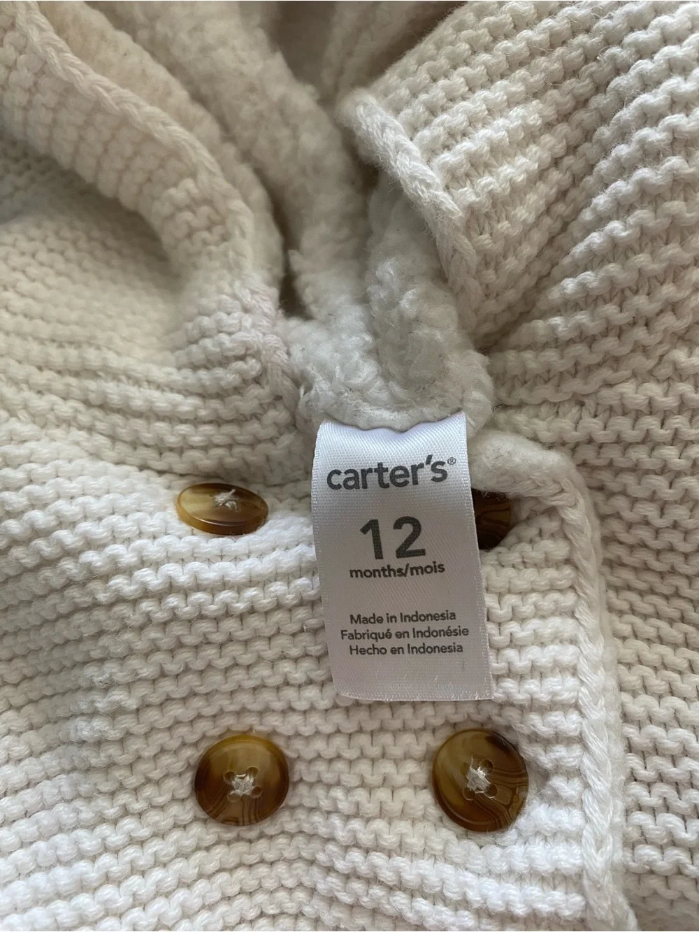 Carter's White Hooded Pea Coat with Gold Buttons